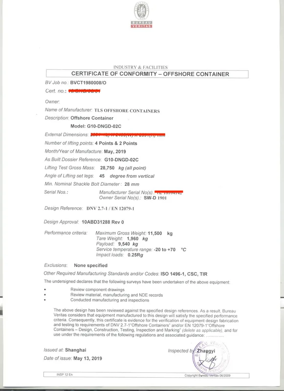 offshore container construction certificate, BV certicate for offshore containers, dnv2.7-1, en12079, from tls offshore containers