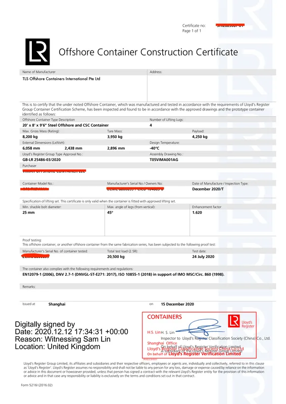 offshore container construction certificate, LR certicate for offshore containers, dnv2.7-1, en12079, from tls offshore containers